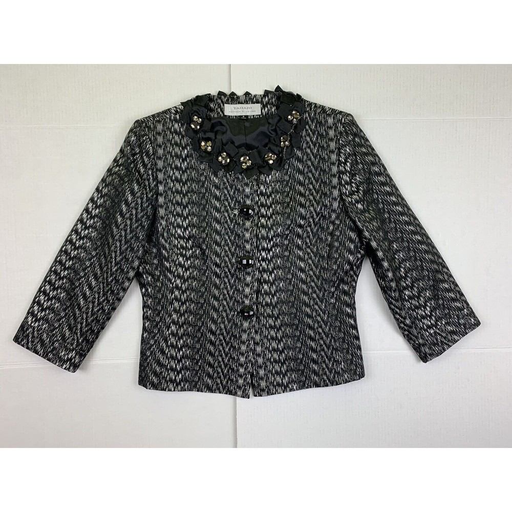 Tahari Arthur S Levine Metallic Crystal Embellished Party Blazer Jacket Sz 8